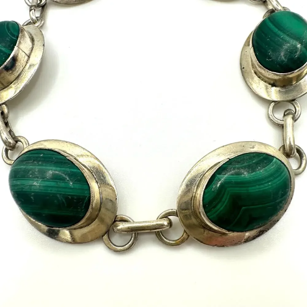 Vintage 925 sterling silver 6 genuine green malachite cabochons bracelet 8
